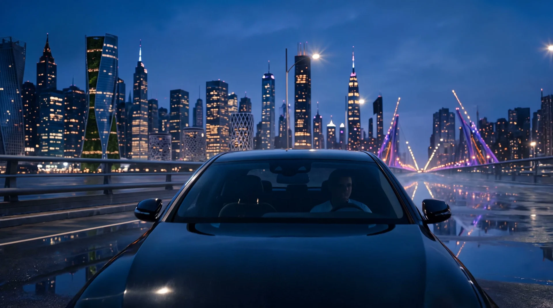 A black Mercedes-Benz E-Class at blue hour on a bridge, city skyline reflected in wet asphalt